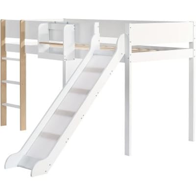 Lit mezzanine - MUVOE - 90 x 200 cm - Toboggan intégré - Barrières de sécurité - Étagère amovible blanc