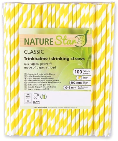 Nature Star - Papieren rietjes 100% biologisch afbreekbaar wegwerp geel/wit gestreept 100 stuks - plastic vrij!