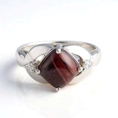 Cavill - Zilveren Ring met Rode Tijgeroog 2 03 ct & Witte Topaas 0 095 ct - 925 Sterling Zilver - Antiek Cabochon Elegant Damenring Maat 17