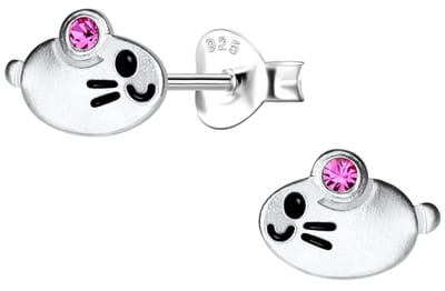 Joy|S - Zilveren muis oorbellen - 8 x 6 mm - zilver met roze kristalletje - kinderoorbellen