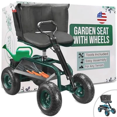 Tuinwagen met rollende werkstoel voor comfortabel tuinieren