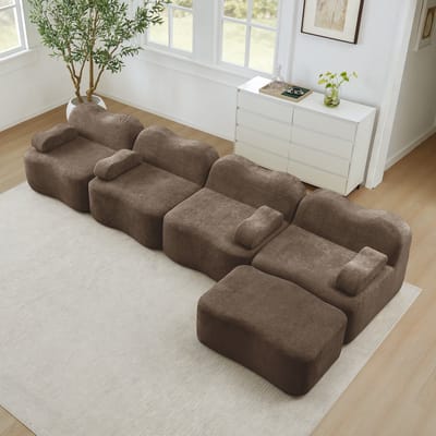 MODENUIT Hoekbank 4-Zits - Modulair Met Hocker En Golfvorm - Voor Woonkamer En Appartement - Fluweel Bruin
