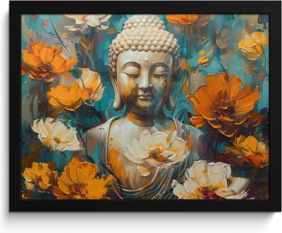 Poster in lijst - Fotolijst 40x30 cm - Posters - Buddha - Bloemen - Kleurrijk - Modern - Posterlijst zwart - Decoratie - Wanddecoratie woonkamer - Muurdecoratie slaapkamer