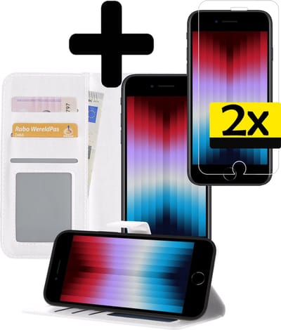Hoesje - Met 2x Screenprotector - Geschikt voor Apple iPhone SE (2022) - Luxe Pasjeshouder - Bookcase Portemonee - Flip Case - Kunstleer Book Case - Flipcase Hoes - Book Cover - Walletcase - Portemonneehoes - Telefoonhoesjes - Wit