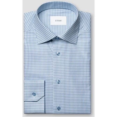 Eton Overhemd Allover Gingham Check Soft Cotton Tencel Licht Blauw / male