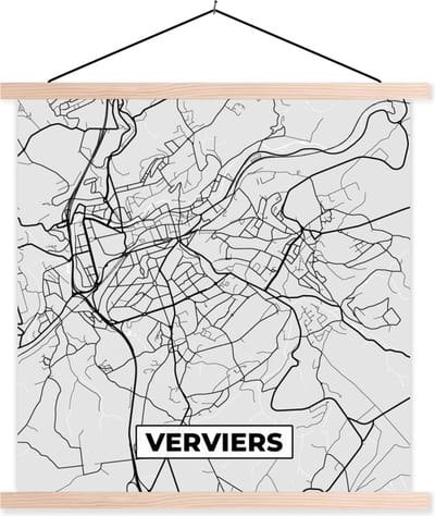 Posterhanger incl. Poster 40x40 cm - Schoolplaat - België – Verviers – Stadskaart – Kaart – Zwart Wit – Plattegrond - Textielposter - Blanke latten - Stadskaart