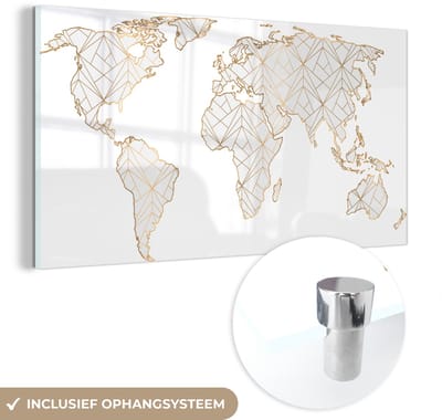 ® Glasschilderij 160x80 cm - Schilderij acrylglas - Wereldkaart - Lijnen - Goud - Foto op glas - Muurdecoratie woonkamer - Wanddecoratie slaapkamer - Schilderijen