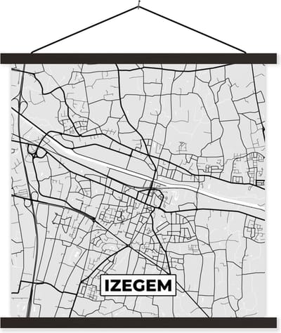 Posterhanger incl. Poster 60x60 cm - Schoolplaat - Zwart Wit – België – Plattegrond – Stadskaart – Kaart – Izegem - Textielposter - Zwarte latten - Stadskaart