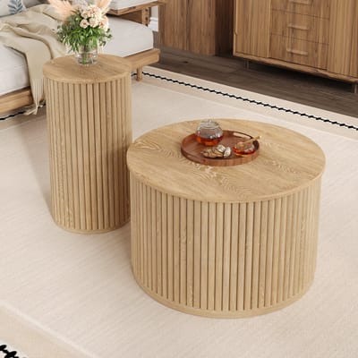 MODENUIT Salontafel Set - Dubbele Ronde Tafels Met Verticale Strepen - Voor Woonkamer - MDF Naturel - 60x60x38,5 cm