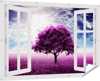 Gards Tuinposter Doorkijk Paarse Boom in het Paars Veld met Vogels - 150x100 cm - Tuindoek - Tuindecoratie - Wanddecoratie buiten - Tuinschilderij