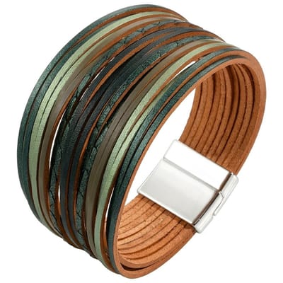 Groen bruine leren wikkel armband voor dames – brede armband met magnetische sluiting – meerlaagse armband in modern design