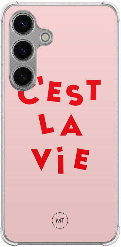 Hoesje (shockproof) geschikt voor Samsung Galaxy S24 - C'est la vie - Extra sterke case - TPU/polycarbonaat - Tekst - Roze, Transparant