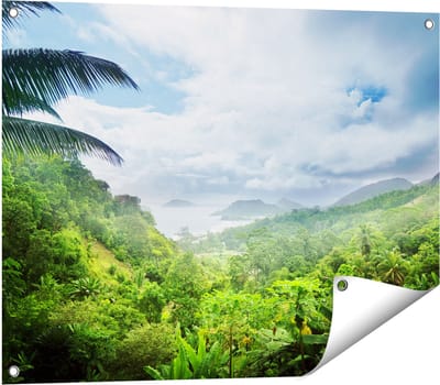 Gards Tuinposter Jungle Uitzicht op de Seychellen - 80x60 cm - Tuindoek - Tuindecoratie - Wanddecoratie buiten - Tuinschilderij
