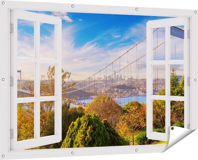 Gards Tuinposter Doorkijk Bosphorus Brug in Instanbul - 150x100 cm - Tuindoek - Tuindecoratie - Wanddecoratie buiten - Tuinschilderij