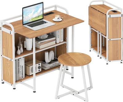 COSTWAY Inklapbaar bureau met stopcontact, klaptafel met kruk, computertafel met planken en metalen frame, ruimtebesparend bureautafel, klapbureau voor thuis, kantoor, 90 x 55 x 83 cm (natuur)