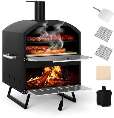 COSTWAY Outdoor pizzaoven, 2-laags pizzaoven met grillrooster, pizzaschep, vierkante steen, waterdichte afdekking, draagbare brander, houtkachel voor picknick, BBQ-party, camping