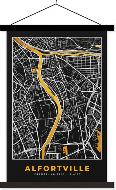 Posterhanger incl. Poster 40x60 cm - Schoolplaat - Plattegrond - Alfortville - Kaart - Frankrijk - Stadskaart - Textielposter - Zwarte latten - Stadskaart