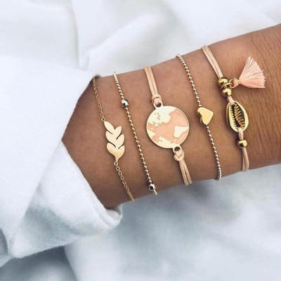 5 stuks /Set Boheemse Goudkleur Maan Blad Kristal Opaal Armband Set Voor Vrouwen Punk Boho Strand Bangle Sieraden Cadeau brown