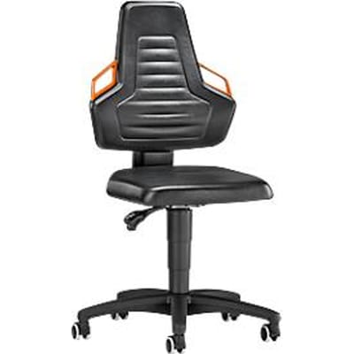 Werkdraaistoel, wielen, zwart synthetisch leer, oranje handgrepen