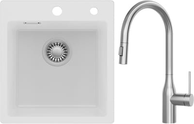 Auralum max Spoelbak Keuken 40x45CM - Spoelbakken Graniet Met Kraan Keuken - Enkele spoelbak Wit - Met waterafvoersysteem - Voor 40 cm kast