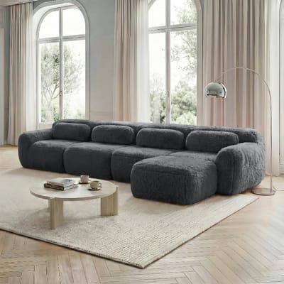 L-vormige vierzitsbank – modulair en multifunctioneel – zonder losse onderdelen – hoogwaardige suède bekleding – inclusief kussens – ligstoelontwerp – zeer veerkrachtig schuim – geschikt voor de woonkamer en slaapkamer – grijs
