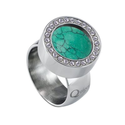 Quiges RVS Schroefsysteem Ring met Zirkonia Zilverkleurig Glans 19mm met Verwisselbare Natuursteen Turkoois 12mm Mini Munt