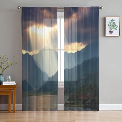 Zonlicht Wolken Heuvels Meer Luxe Chiffon Transparante Gordijnen voor Woonkamer Slaapkamer Decoratie Raam Voiles Tule Gordijn 135W x 114H(cm) gray