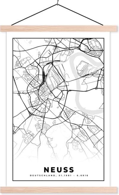 Posterhanger incl. Poster 40x60 cm - Schoolplaat - Kaart - Plattegrond - Stadskaart - Neuss - Textielposter - Blanke latten - Stadskaart