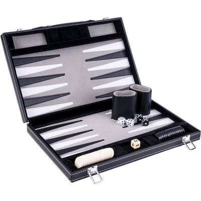 Backgammon 15 inch - Grijs, Zwart & Wit Gestikt Bord - Kunstlederen Koffer met Handvat - Engelhart