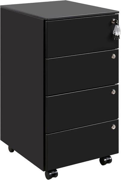 Rollcontainer Archiefkast - Mobiele Opberger - Thuiswerk Kantoor - Vier Laden Met Slot - 44x37x69.5 cm - Zwart