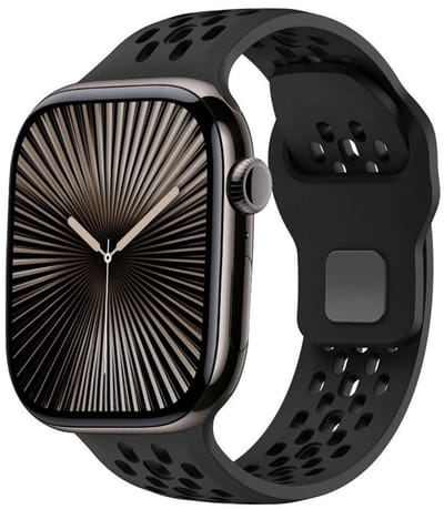 Siliconen bandje - geschikt voor Apple Watch 1/2/3/4/5/6/7/8/9/10/11/ SE (1,2,3) met maat 38 mm / 40 mm / 41 mm en 42 mm (Watch 10/11) - met gaatjes - zwart