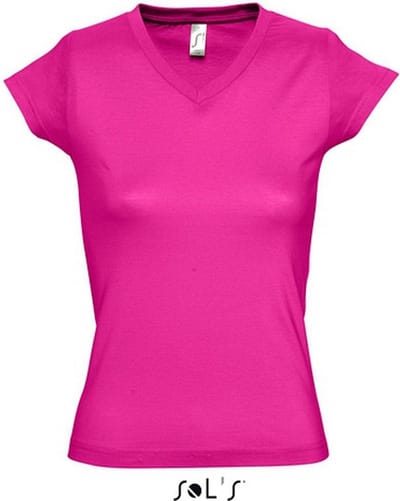 Dames t-shirt V-hals fuchsia 100% katoen slimfit - Dameskleding shirts 36