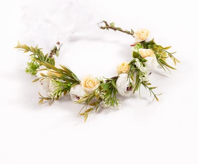 KIMU® Luxe Bloemenkrans Haar Pioenrozen Wit - Witte Bloemen Haarband Diadeem - Kroon Rozenkrans Bloemetjes - Bosnimf Bruiloft Festival