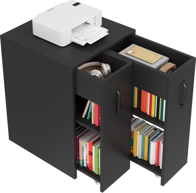 MODFU Opbergkast – 52x50x75 cm – Met uittrekbare zijmodules en wielen – Omkeerbaar ontwerp – Voor woonkamer of slaapkamer – Spaanplaat – Zwart