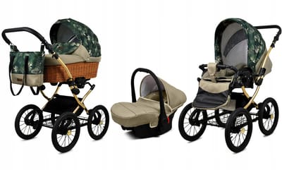 BabyLux® Kinderwagen 3in1 - CLASSIC GOLD - FERN LEAF SILVER FRAME - Opklapbare Wandelwagen incl. Reiswieg, Multifunctionele Buggy Sportstoel, Autostoel - Combi-kinderwagen met Luiertas, Regenhoes, Klamboe, Bekerhouder, etc.