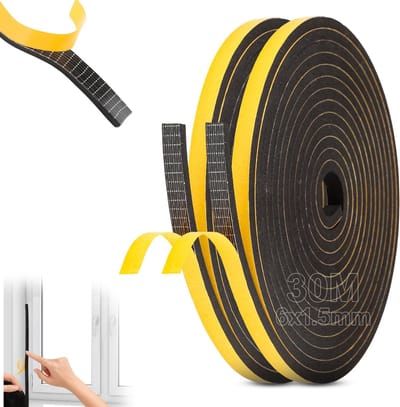 3 stuks schuimrubber, afdichting, 6 x 1,5 mm, schuimtape, zwart, afdichtingstape, zelfklevend, voor deuren, huishoudelijke apparaten, ventilatiesleuven (10 m / rollen)