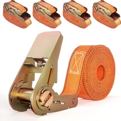 Ratelspanband 4 stuks – Spanband met ratel 6m x 25mm – 800kg treksterkte – oranje signaalkleur – voor aanhanger en dakdrager, ideaal voor verhuizen en kamperen