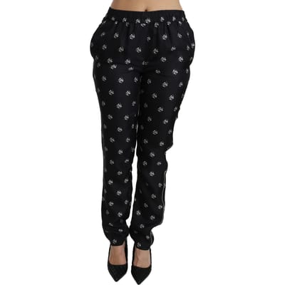 Dolce & Gabbana Dameszwarte bedrukte Mid Waist Skinny Zijden Broek