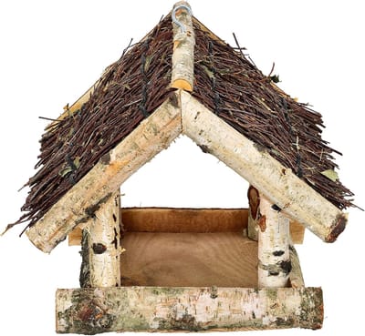 Famanu – Hangend vogelvoederhuisje van hout - 25,5 x 25,5 x 23,5 cm - bruine kleur - natuurlijk ontwerp met dak - geschikt als voederhuis voor mussen en andere tuinvogels - ideaal voor tuin of balkon