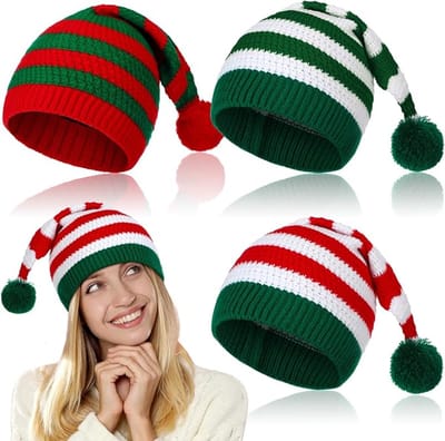 Set van 3 gebreide kerstmutsen, feestelijke elfenkap met gehaakt ontwerp voor vakantiefeesten en familiebijeenkomsten, klassieke stijl.-Klassieke stijl