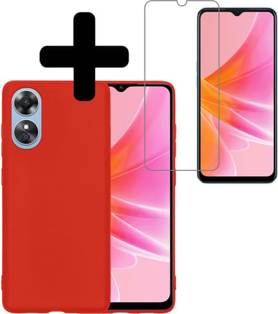 Hoesje - Met Screenprotector - Geschikt voor OPPO A17 - Sterk & Shockproof - Back Cover - Siliconen Case - Telefoon Hoes - Telefoonhoesjes - Rood