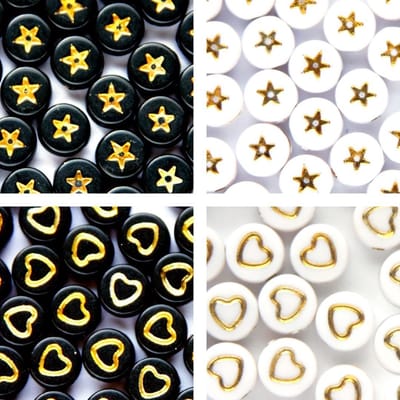 Symbolenkralen set – Sterretjes – Hartjes – Unieke mix 200 stuks – Zwart/Goud – Wit/Goud – 7mm kraal – Past bij letterkralen set– Zelf sieraden maken – DIY