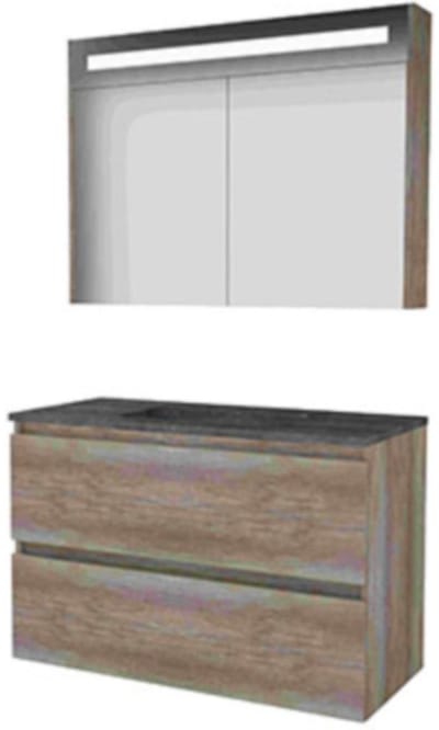 Basic-Line Premium 46 Badkamermeubelset - 100 x 46 cm - Greeploos - 2 Lades - Hardstenen Wastafel - 1 Kraangat - Spiegelkast met LED Verlichting - Scotch Oak