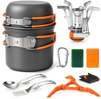 Dailygoods- Kampeerkookset 10 Onderdelen - Draagbare Kookgerei Set - Anti-aanbak Pannen - Mini Kampeerbrander - Opvouwbare Lepel/Vork - Ideaal voor 1-2 Personen