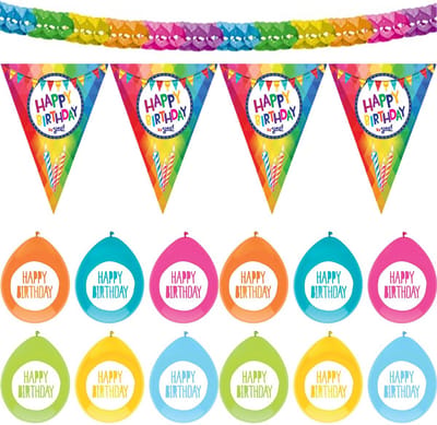 Haza Verjaardag versiering pakket Happy Birthday - ballonnen/vlaggetjes/feestslinger