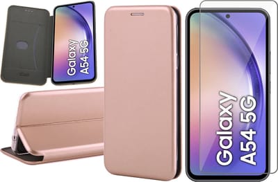Hoesje geschikt voor Samsung Galaxy A54 - Screen Protector GlassGuard - Book Case Kunstleer ThinShield Roségoud & Screenprotector