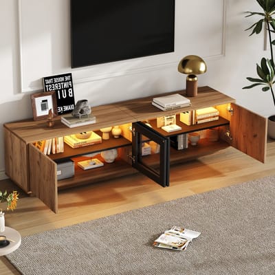 TV Meubel - 180x40x45 cm - Voor 75 Inch TV - Met LED en Glas - 2 Kasten - Houtkleur en Zwart