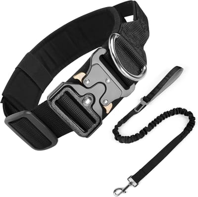 Tactische hondenhalsband met handvat, verstelbare hondenhalsband van polypropyleen met metalen gesp, gevoerd, tactische hondenhalsband (hondenhalsband + hondenriem zwart, M)