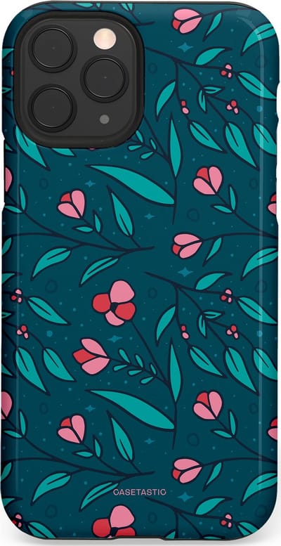 Casetastic hoesje geschikt voor Apple iPhone 11 Pro - Dubbellaagse bescherming - Blauwe Groene Bloemenpracht - Fashion Case - Petrol Donkergrijs