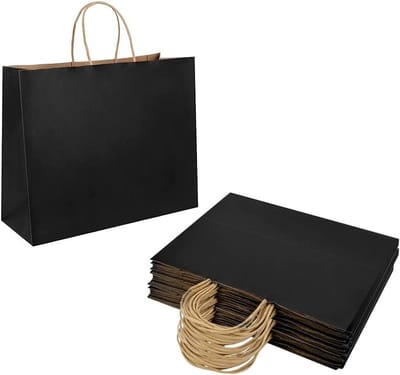 Set van 20 Zwarte Papieren Tassen, 32 x 11 x 25 cm, Kraft Tassen met Handvat voor Cadeaus, Verjaardagen, Bruiloften en Feestjes, Stevig en Duurzaam